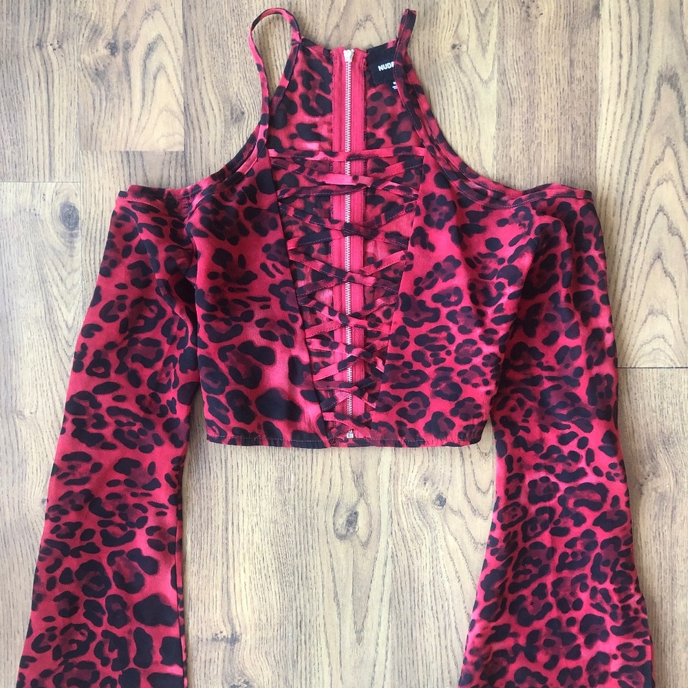 Sheer red leopard crop top lace up front exposed zipper back bell sleeves Medium